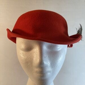 VTG Ernie Orange Felt Cloche Hat w/ Feather Rolled Brim Women's Theater Costume
